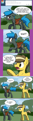 Size: 1280x4632 | Tagged: safe, artist:whatsapokemon, oc, oc only, oc:golden grain, oc:jade shine, earth pony, pegasus, pony, ask-jade-shine, bait and switch, blushing, comic, duo, female, harness, high res, male, mare, stallion, tack