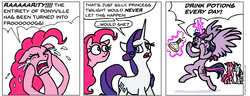 Size: 946x364 | Tagged: safe, artist:gingerfoxy, pinkie pie, rarity, twilight sparkle, alicorn, earth pony, pony, unicorn, pony comic generator, g4, comic, derp, not milk, potion, twilight sparkle (alicorn)