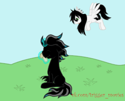 Size: 600x486 | Tagged: safe, artist:trigger_movies, oc, oc only, pony, animated, eating, flying, gif, gift art, mushroom, sitting, solo