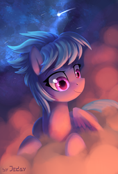 Size: 1500x2200 | Tagged: safe, artist:jedayskayvoker, cloudchaser, pegasus, pony, g4, cloud, female, looking at something, mare, on a cloud, pink cloud, shooting star, solo, stars