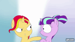 Size: 640x360 | Tagged: safe, artist:doublewbrothers, starlight glimmer, sunset shimmer, pony, unicorn, g4, animated, crying, cute, eye shimmer, female, filly, filly starlight glimmer, filly sunset shimmer, floppy ears, gif, gifs.com, glimmerbetes, open mouth, sad, savage, shimmerbetes, thought crimes, younger, youtube link