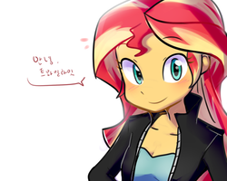 Size: 1280x1024 | Tagged: safe, artist:haden-2375, sunset shimmer, equestria girls, g4, blushing, clothes, cute, female, implied twilight sparkle, jacket, korean, looking at you, shimmerbetes, shirt, simple background, smiling, solo, translated in the comments, white background