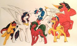 Size: 1024x613 | Tagged: safe, artist:oneiria-fylakas, oc, oc only, alicorn, earth pony, pegasus, pony, unicorn, female, male, mare, stallion, traditional art
