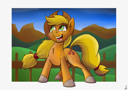 Size: 5016x3541 | Tagged: safe, artist:dinodraketakethecake, applejack, earth pony, pony, g4, absurd resolution, cowboy hat, female, fence, freckles, hat, hill, mare, mountain, open mouth, smiling, solo, stetson