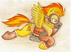Size: 800x586 | Tagged: safe, artist:daisymane, spitfire, pegasus, pony, g4, bomber jacket, boots, clothes, female, flying, goggles, mare, mask, oxygen mask, solo, traditional art