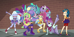 Size: 1776x894 | Tagged: safe, artist:limedazzle, artist:themexicanpunisher, edit, edited screencap, screencap, indigo zap, lemon zest, sour sweet, sugarcoat, sunny flare, equestria girls, equestria girls specials, g4, my little pony equestria girls: dance magic, boots, brick wall, clothes, converse, ear piercing, earring, eyes closed, female, glasses, high heel boots, jewelry, piercing, shadow five, shoes, show accurate, skirt, socks
