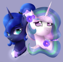 Size: 1024x1009 | Tagged: safe, artist:colinetheneko, princess celestia, princess luna, pony, g4, bust, duo, flower, flower in hair, royal sisters, simple background