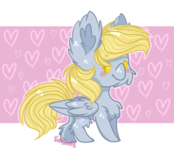 Size: 1155x1050 | Tagged: safe, artist:mintybrush, derpy hooves, pony, g4, blushing, chest fluff, chibi, female, fluffy, heart, solo