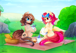 Size: 3000x2117 | Tagged: safe, artist:koveliana, oc, oc only, oc:heartbreak, oc:lightning dashes, earth pony, pegasus, pony, basket, commission, cup, cute, duo, female, food, grass, high res, mare, muffin, ocbetes, picnic, picnic basket, smiling, teacup, visor