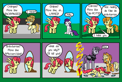 Size: 3300x2216 | Tagged: safe, artist:oneovertwo, applejack, aunt orange, carrot top, golden harvest, inky rose, strawberry sunrise, sugar grape, pony, g4, honest apple, broken mirror, comeback, comic, dialogue, didn't think this through, fake blood, high res, karma, mirror, strawberry savage