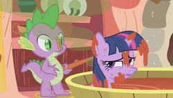 Size: 1280x720 | Tagged: safe, screencap, spike, twilight sparkle, dragon, pony, unicorn, g4, season 1, winter wrap up, bath, bathtub, bee sting, brush, clothespin, female, male, nose pinch, ouch, skunk spray, smell, smelly, stool, tomato juice, unicorn twilight, visible stench