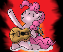 Size: 537x443 | Tagged: safe, artist:mojo1985, pinkie pie, earth pony, pony, g4, honest apple, eyes closed, fire, guitar, smiling