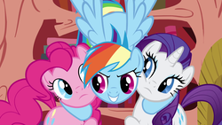 Size: 1920x1080 | Tagged: safe, screencap, pinkie pie, rainbow dash, rarity, pony, dragonshy, g4, golden oaks library