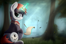 Size: 4500x3000 | Tagged: safe, artist:avastin4, oc, oc only, oc:scroll notice, pony, unicorn, forest, glasses, high res, magic, sitting, solo