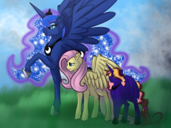 Size: 2732x2048 | Tagged: safe, artist:percy-mcmurphy, fluttershy, princess luna, oc, oc:dream catcher, alicorn, cat, pegasus, pony, g4, alicorn oc, crown, family, female, high res, jewelry, large wings, lesbian, magical lesbian spawn, mare, next generation, offspring, parent:fluttershy, parent:princess luna, parents:lunashy, raised hoof, regalia, ship:lunashy, shipping, smiling, wings
