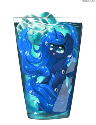 Size: 1000x1300 | Tagged: safe, artist:mitralexa, princess luna, alicorn, pony, g4, cup, cup of pony, cute, female, glass, ice, lunabetes, mare, micro, missing accessory, simple background, solo, transparent background, underwater, water
