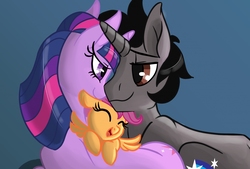 Size: 1024x693 | Tagged: dead source, source needed, safe, artist:riverofdreams, scootaloo, twilight sparkle, oc, oc:shooting star, pony, unicorn, fanfic:magic in the starlight, g4, canon x oc, cute, cutealoo, fanfic, fanfic art, hug, scootalove