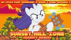 Size: 1920x1080 | Tagged: safe, artist:dashiemlpfim, rarity, pony, unicorn, g4, honest apple, bipedal, crossover, female, gritted teeth, guitar, mare, mountain, platformer, solo, sonic the hedgehog, sonic the hedgehog (series), sunset, tree