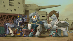 Size: 3500x1969 | Tagged: safe, artist:1jaz, oc, oc only, oc:bellatrix, oc:lykourgos, oc:sovereign, hippogriff, hybrid, pegasus, pony, fallout equestria, armor, artillery, chest fluff, clothes, commission, enclave, enclave armor, female, grand pegasus enclave, hat, looking at each other, m, male, mare, panzer, panzerturm, power armor, smiling, stallion, trio, trio oc, turret