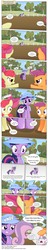 Size: 3406x17690 | Tagged: safe, artist:perfectblue97, apple bloom, scootaloo, sweetie belle, twilight sparkle, winona, earth pony, pegasus, pony, unicorn, comic:without magic, g4, absurd resolution, apple, apple tree, blank flank, breaking the fourth wall, butt, comic, crying, disgusted, earth pony twilight, food, plot, pointy ponies, stare, staring at flank, starry eyes, sweet apple acres, sweetie butt, tree, wingding eyes, yelling