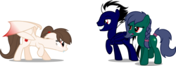 Size: 4009x1514 | Tagged: safe, artist:zacatron94, oc, oc only, oc:alto burn, oc:ludicra, oc:rose petal, bat pony, earth pony, pony, vampire, fangs, female, grin, high res, looking at each other, male, mare, race swap, raised hoof, simple background, smiling, stallion, transparent background, trio
