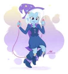 Size: 1848x2018 | Tagged: safe, artist:midnightpremiere, trixie, equestria girls, g4, boots, cape, clothes, cute, diatrixes, fall formal outfits, female, funny, hat, high heel boots, jump rope, jumping, legs, skirt, smiling, solo, trixie's cape, trixie's hat