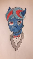 Size: 607x1080 | Tagged: safe, artist:lxden, oc, oc only, oc:hellfire, pony, bowtie, clothes, fur, gentlepony, monocle, red eyes, solo, traditional art