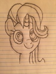 Size: 1024x1365 | Tagged: safe, artist:whobawhats, starlight glimmer, pony, unicorn, g4, bust, c:, female, heart eyes, lined paper, mare, monochrome, pencil drawing, portrait, smiling, solo, traditional art, wingding eyes