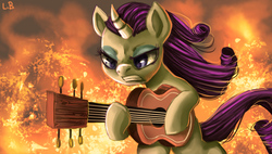 Size: 2500x1421 | Tagged: dead source, safe, artist:php154, rarity, pony, unicorn, g4, honest apple, acoustic guitar, badass, bipedal, curved horn, eyeshadow, female, fire, gritted teeth, guitar, guitarity, horn, makeup, mare, musical instrument, scene interpretation, serious, serious face, solo