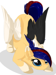Size: 1024x1380 | Tagged: safe, artist:php146, oc, oc only, oc:amane, pegasus, pony, colored wings, cute, female, imminent pounce, mare, multicolored wings, ocbetes, offspring, parent:oc:kurai chinmoku, parent:oc:yeri, parents:oc x oc, simple background, smiling, solo, transparent background