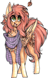 Size: 892x1435 | Tagged: safe, artist:tay-niko-yanuciq, oc, oc only, pegasus, pony, chest fluff, clothes, freckles, leaf, marker drawing, open mouth, scarf, simple background, smiling, solo, traditional art, transparent background