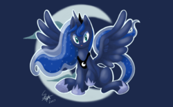 Size: 1024x640 | Tagged: safe, artist:manaphy21, princess luna, alicorn, pony, g4, cutie mark background, female, looking at you, moon, open mouth, sitting, sitting on the moon, solo, spread wings, wings