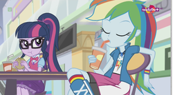 Size: 1152x638 | Tagged: safe, screencap, rainbow dash, sci-twi, twilight sparkle, equestria girls, equestria girls specials, g4, my little pony equestria girls: mirror magic, burger, canterlot mall, drink, drinking, eating, female, food, geode of super speed, hamburger, magical geodes, sci-twi outfits, soda, teletoon, twilight burgkle