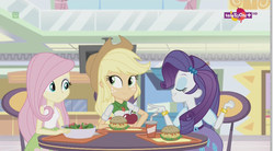Size: 1152x638 | Tagged: safe, screencap, applejack, fluttershy, rarity, equestria girls, equestria girls specials, g4, my little pony equestria girls: mirror magic, apple, burger, canterlot mall, drink, eyes closed, female, food, frown, geode of super strength, gritted teeth, hamburger, looking at each other, magical geodes, salad, serving tray, smiling, teletoon