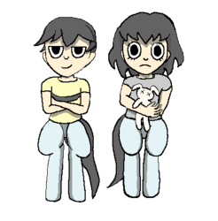 Size: 435x442 | Tagged: artist needed, source needed, safe, oc, oc only, oc:franklin, oc:victoria, ghost, satyr, clothes, crossed arms, duo, female, frown, male, offspring, parent:oc:annabelle braustitch, plushie, shirt, simple background, smiling, strange waifus, transparent background, underwear, wide eyes