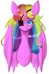 Size: 442x669 | Tagged: safe, artist:clefficia, oc, oc only, oc:rainbow cloud, alicorn, pony, cut, eyepatch, female, mare, simple background, solo, transparent background