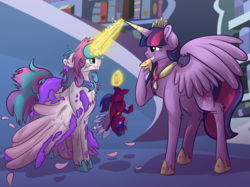 Size: 2732x2048 | Tagged: safe, artist:percy-mcmurphy, princess flurry heart, twilight sparkle, oc, oc:alistair, alicorn, hybrid, pony, g4, aunt and niece, book, bookshelf, chest fluff, female, frown, glare, grin, high res, interspecies offspring, laughing, magic, mare, offspring, older, older flurry heart, parent:thorax, parent:twilight sparkle, parents:twirax, scrunchy face, smiling, spread wings, telekinesis, twilight sparkle (alicorn), upside down, wings