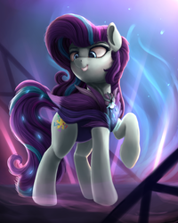 Size: 800x1000 | Tagged: safe, artist:vanillaghosties, coloratura, earth pony, pony, g4, the mane attraction, alternate hairstyle, female, mare, raised hoof, rara, smiling, solo