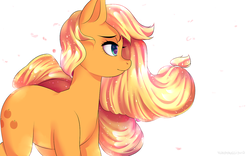 Size: 1280x800 | Tagged: safe, artist:yukomaussi, applejack, earth pony, pony, g4, cherry blossoms, female, flower, flower blossom, hatless, missing accessory, profile, simple background, solo, white background, windswept mane
