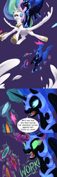 Size: 1280x3956 | Tagged: safe, artist:silfoe, nightmare moon, princess celestia, alicorn, pony, moonsetmlp, g4, alternate universe, comic, dark magic, dialogue, duo, elements of harmony, fight, magic, sombra eyes, this will end in tears
