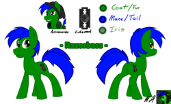 Size: 4176x2550 | Tagged: safe, artist:fundz64, oc, oc only, oc:razorbass, pony, beanie, blue mane, cutie mark, green, green coat, hat, headphones, high res, razor blade, reference sheet, simple background, solo, transparent background