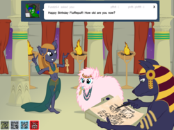 Size: 4000x3000 | Tagged: safe, artist:fundz64, oc, oc only, oc:fluffle puff, oc:razorbass, jackal, pony, anubis, ask, bastet, birthday, crosses, drawing, drool, egypt, hieroglyph, peace sign, pillar, tumblr, vector