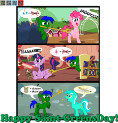 Size: 3000x3122 | Tagged: safe, artist:fundz64, lyra heartstrings, pinkie pie, twilight sparkle, oc, oc:razorbass, alicorn, earth pony, pony, unicorn, g4, bad touch, comic, female, green, hand, high res, holiday, mare, molestation, mouth hold, poking, saint patrick's day, scepter, staff, that pony sure does love hands, twilight sparkle (alicorn)