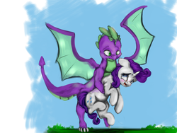 Size: 3200x2400 | Tagged: safe, artist:candytheevil, rarity, spike, dragon, g4, flying, high res, male, nervous, older, older spike, ship:sparity, shipping, straight, winged spike, wings