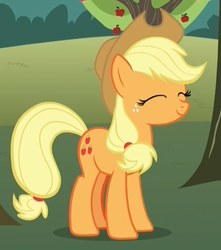 Size: 654x739 | Tagged: safe, screencap, applejack, earth pony, pony, g4, honest apple, cropped, cute, eyes closed, female, mare, smiling, solo