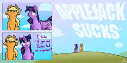 Size: 1280x640 | Tagged: safe, artist:greyscaleart, applejack, twilight sparkle, alicorn, earth pony, pony, g4, comic, dialogue, duo, floppy ears, skywriting, twilight sparkle (alicorn), unamused