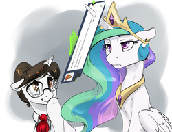 Size: 1280x989 | Tagged: safe, artist:silfoe, princess celestia, raven, pony, royal sketchbook, g4, ask, cute, duo, horn, horn impalement, tumblr, tumblr crossover, unamused