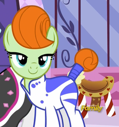 Size: 974x1030 | Tagged: safe, screencap, stella lashes, earth pony, pony, g4, honest apple, my little pony: friendship is magic, background pony, carousel boutique, cropped, discovery family logo, female, lidded eyes, mare, saddle, tack