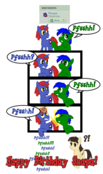 Size: 1548x2610 | Tagged: safe, artist:fundz64, oc, oc only, oc:razorbass, oc:snapai, oc:wildfire, pony, unicorn, comic, confused, hand, happy birthday, magic, pfsshh, simple background, transparent background