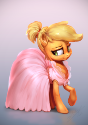 Size: 850x1200 | Tagged: safe, artist:assasinmonkey, applejack, earth pony, pony, g4, honest apple, alternate hairstyle, clothes, digital painting, dress, female, frown, gradient background, raised hoof, solo